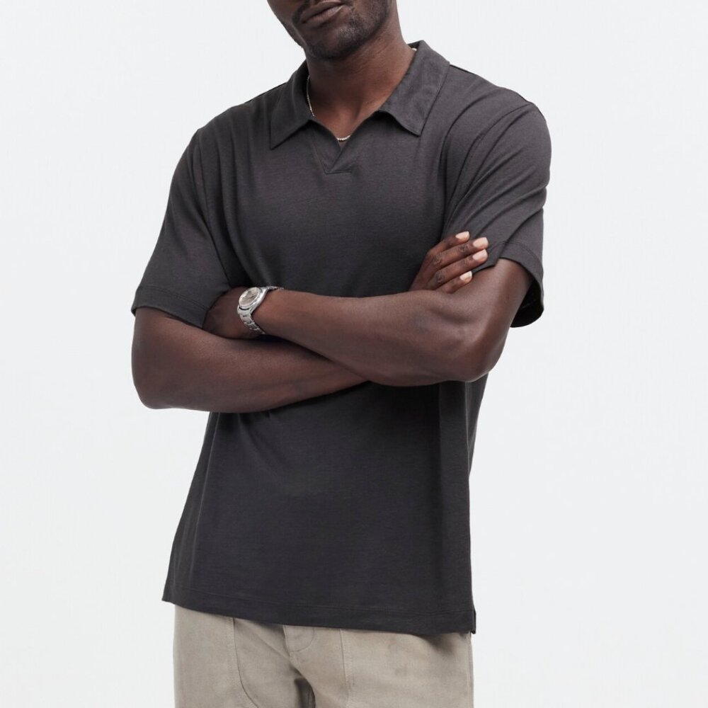 Madewell Black Coal Linen-Blend Johnny-Collar Knit Polo Shirt